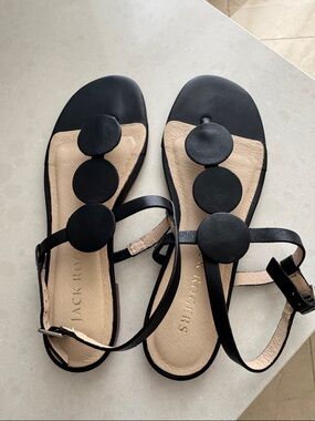 Jack Rogers Black and Beige Leather Circle-Accent Sandals